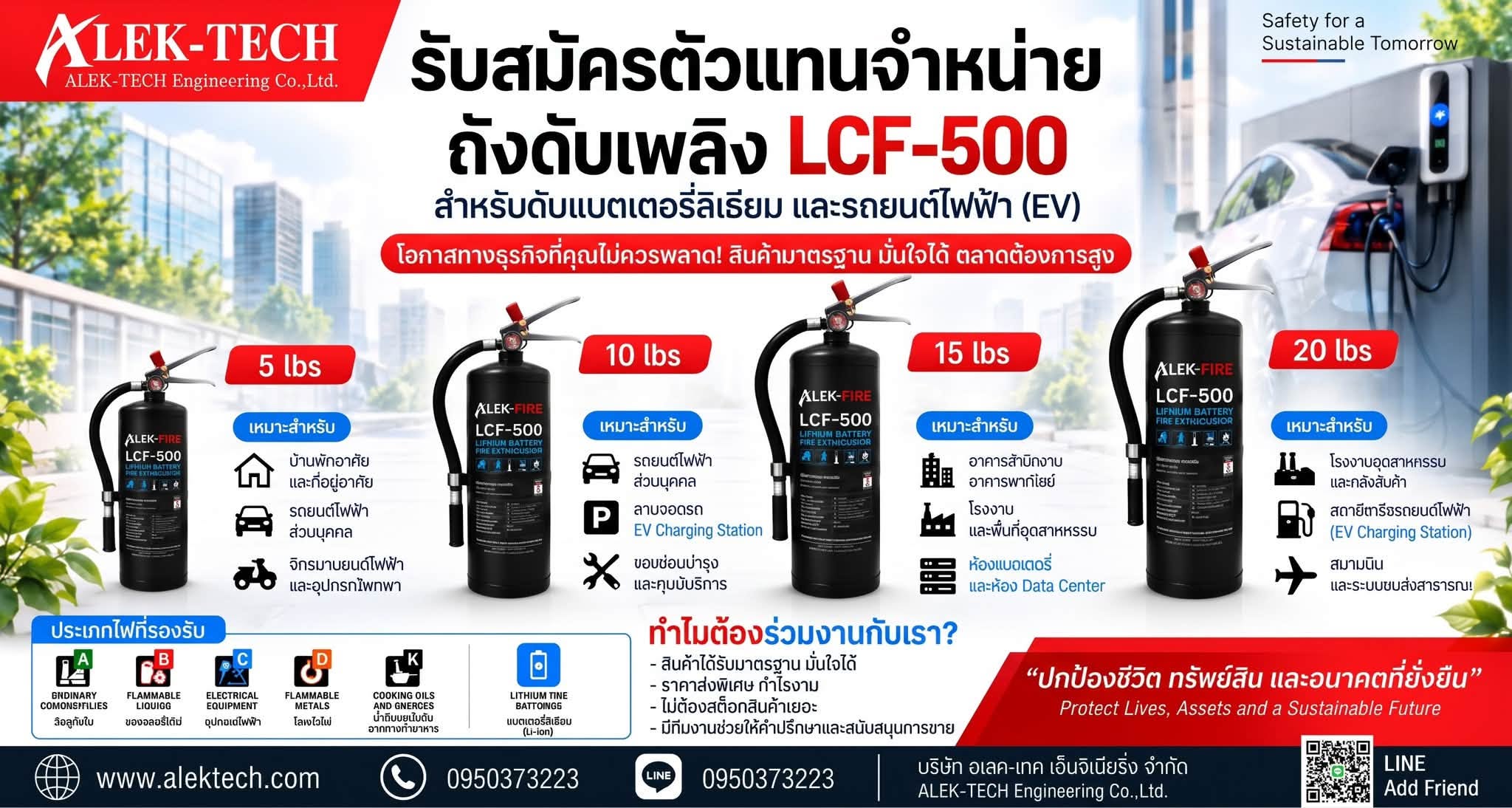 ประกาศรับสมัครตัวแทนจำหน่ายถังดับเพลิง ALEK-FIRE LCF-500 ขนาด 5, 10, 15 และ 20 ปอนด์
